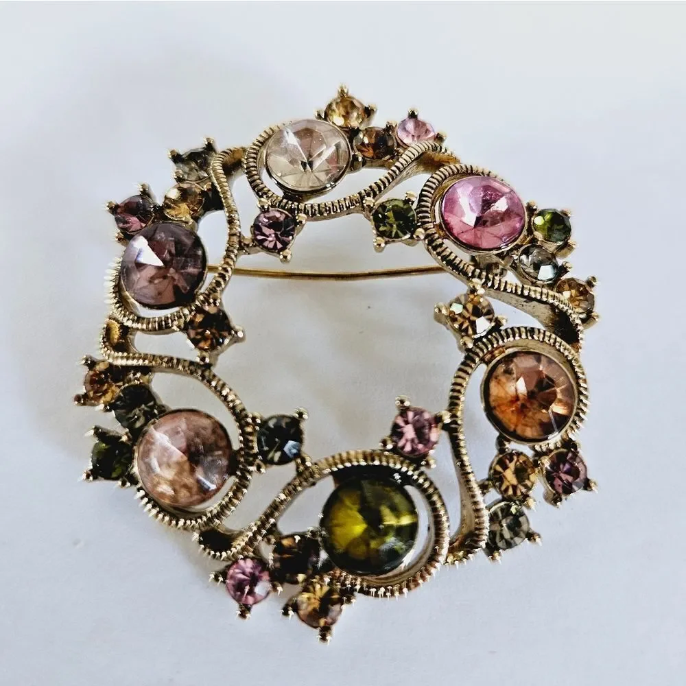 Vintage Signed Monet Openwork Pink Green Rhinestone Circular Wreath Brooch Pin